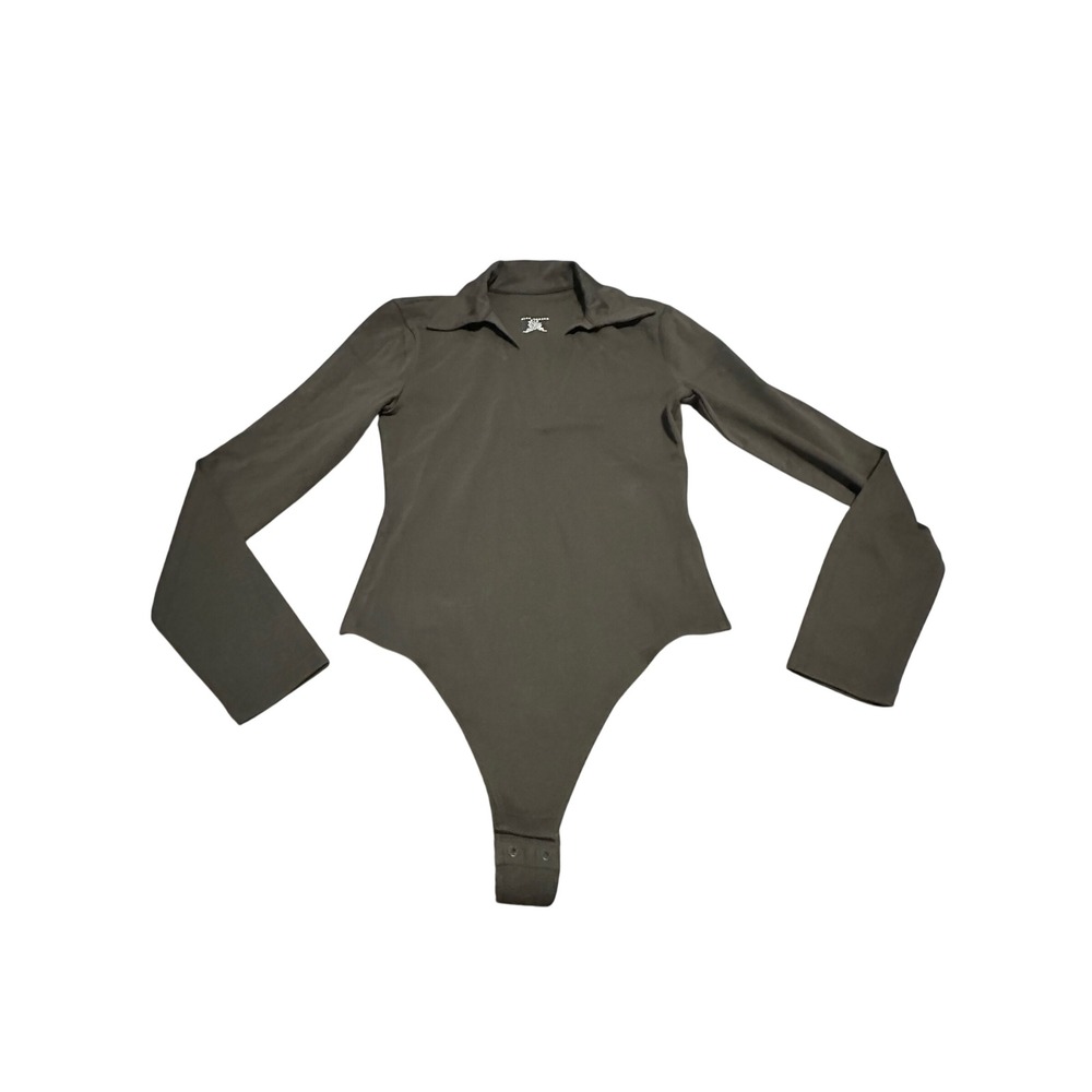 Club Monaco Long Sleeve Collared Bodysuit Olive Green Women's S